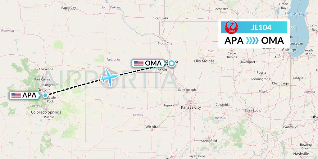 JL104 Japan Airlines Flight Map: Denver to Omaha