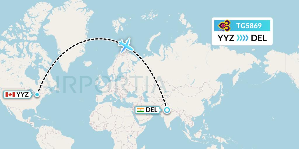 TG5869 Thai Airways Flight Map: Toronto to Delhi