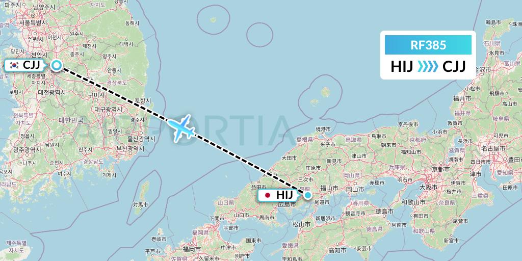 RF385 Aero K Airlines Flight Map: Hiroshima to Cheongju