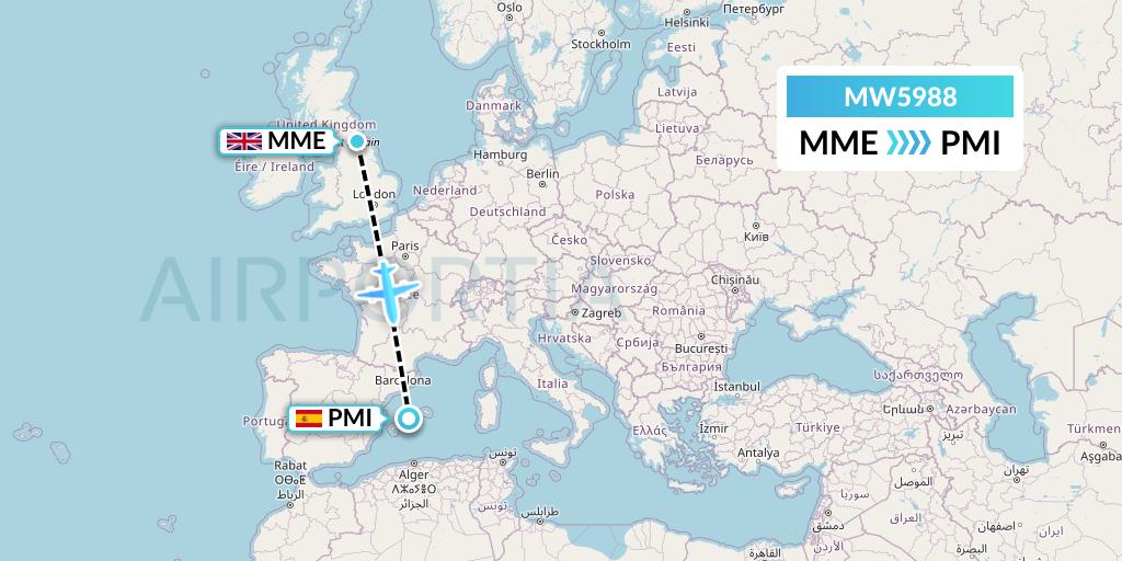 MW5988 Mokulele Flight Service Flight Map: Darlington to Palma de Mallorca