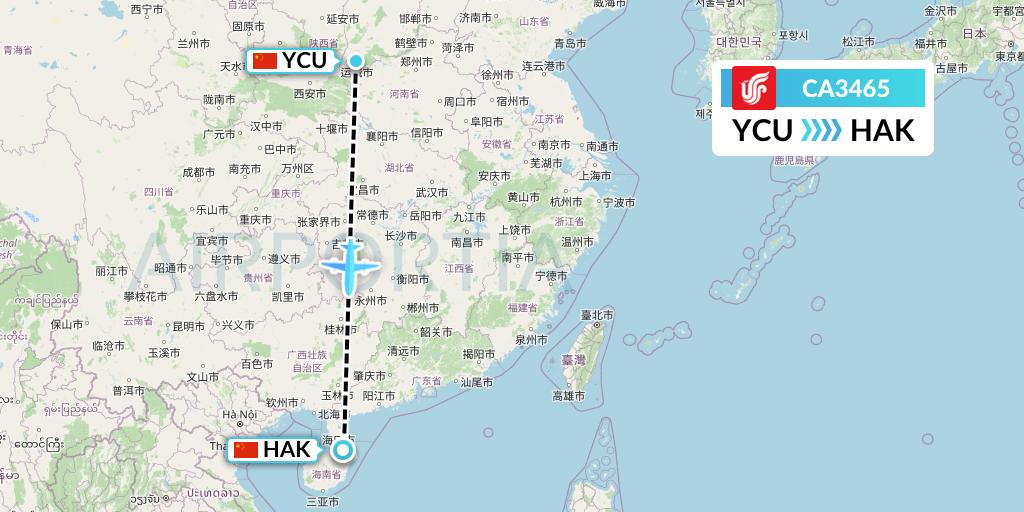CA3465 Air China Flight Map: Yuncheng to Haikou