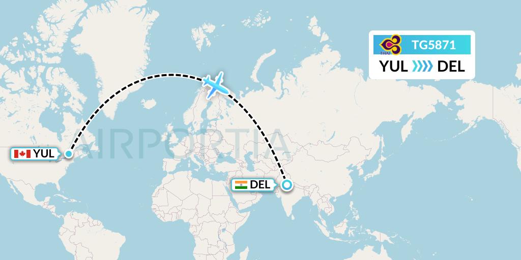 TG5871 Thai Airways Flight Map: Montreal to Delhi