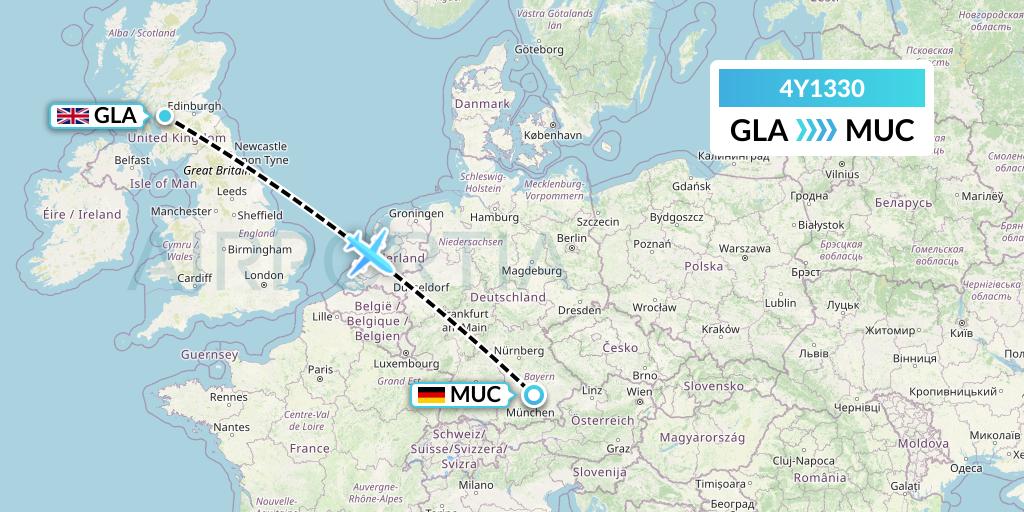 4Y1330 Eurowings Discover Flight Map: Glasgow to Munich