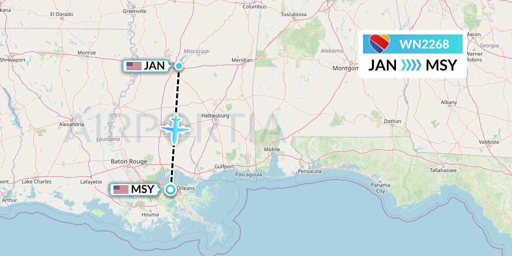 WN2268 Southwest Airlines Flight Map: Jackson to New Orleans