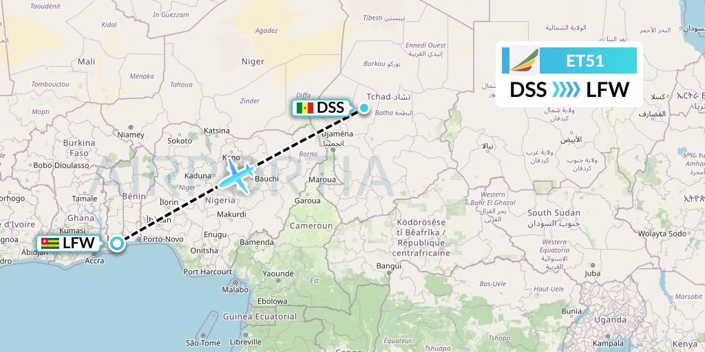 ET51 Ethiopian Airlines Flight Map: Dakar to Lome