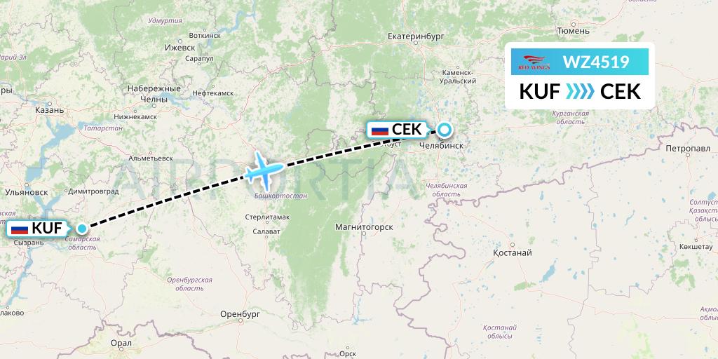 WZ4519 Red Wings Flight Map: Samara to Chelyabinsk