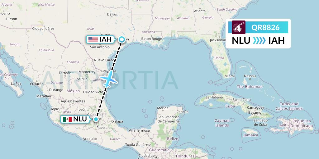 QR8826 Qatar Airways Flight Map: Reyes Acozac to Houston