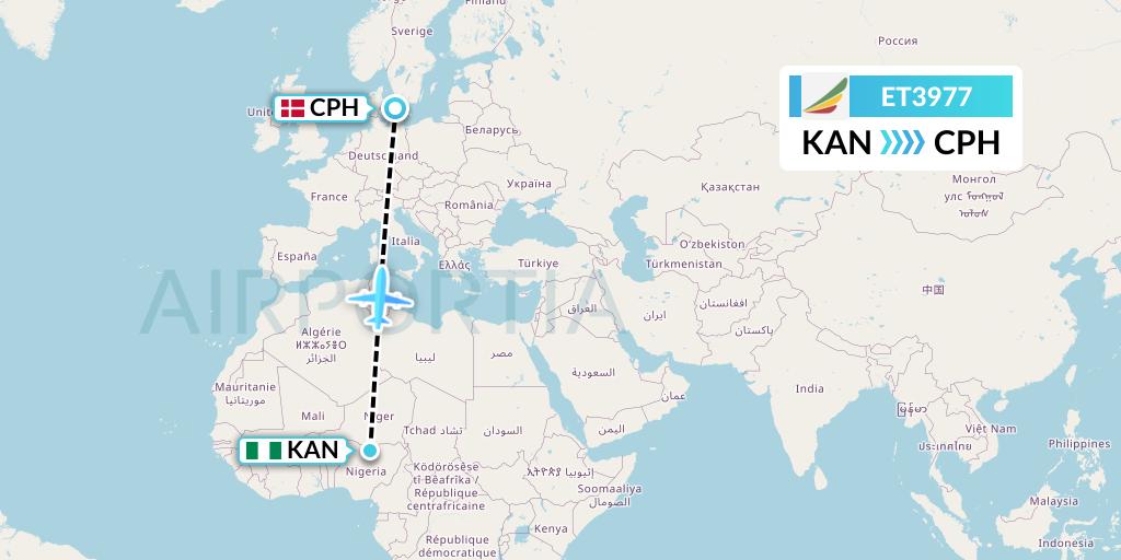 ET3977 Ethiopian Airlines Flight Map: Kano to Copenhagen