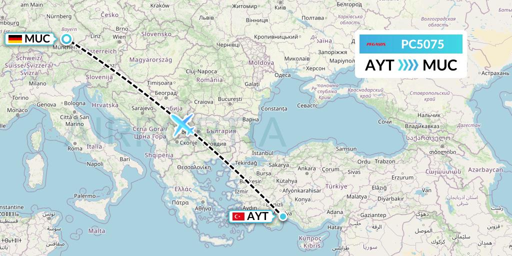 PC5075 Pegasus Airlines Flight Map: Antalya to Munich