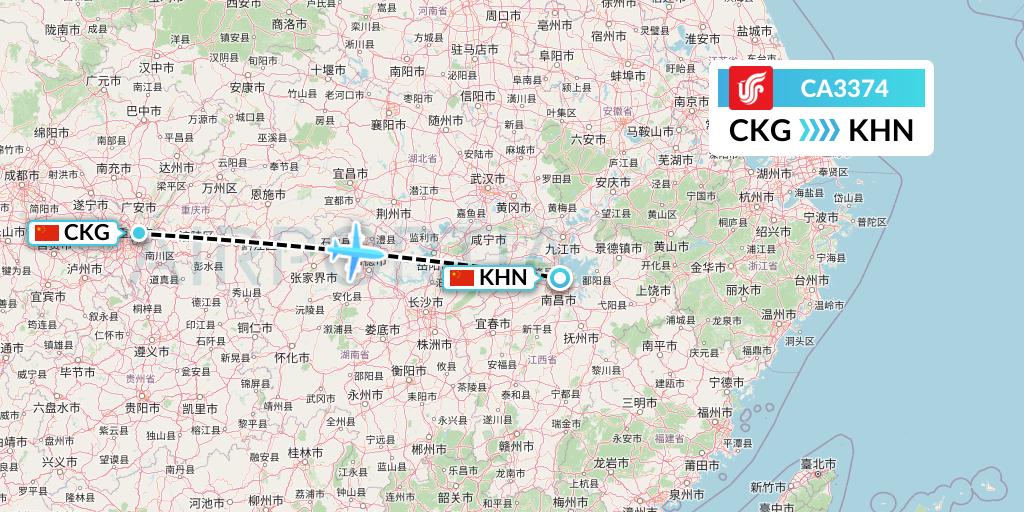 CA3374 Air China Flight Map: Chongqing to Nanchang