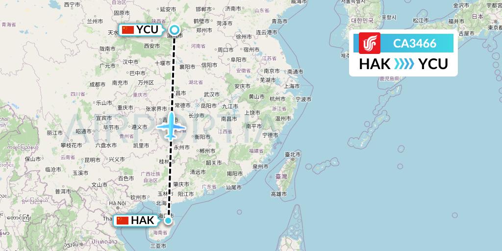 CA3466 Air China Flight Map: Haikou to Yuncheng