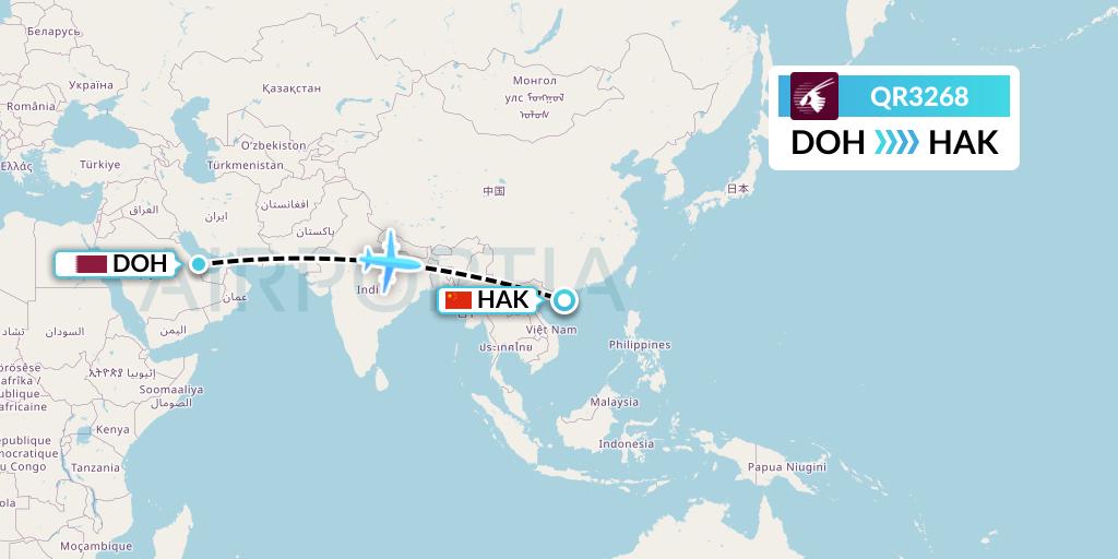 QR3268 Qatar Airways Flight Map: Doha to Haikou