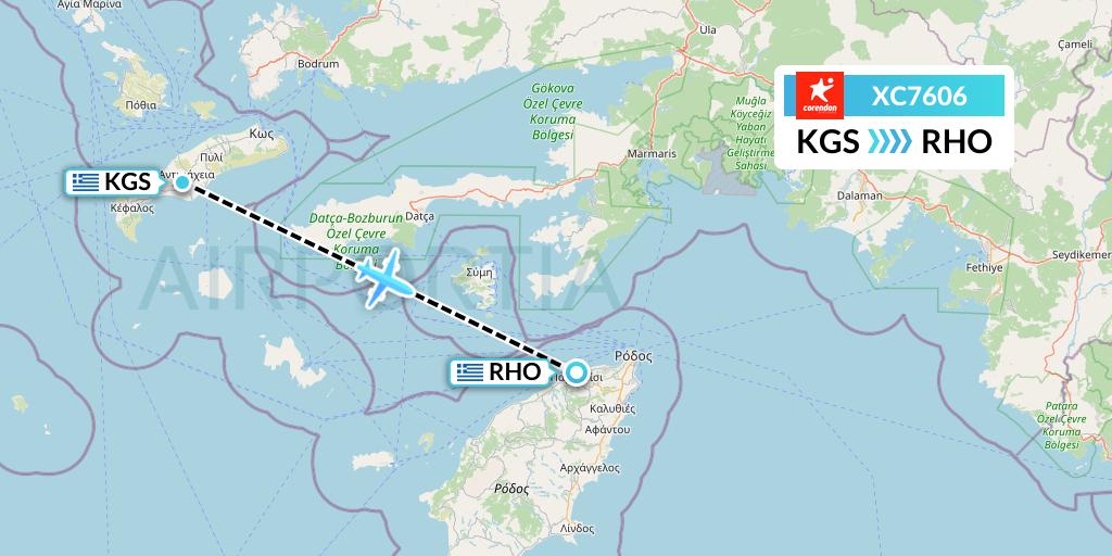 XC7606 Corendon Airlines Flight Map: Kos to Rhodes