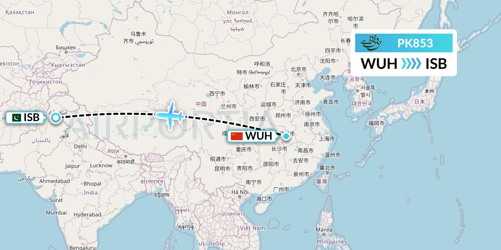 PK853 Pakistan International Airlines Flight Map: Wuhan to Islamabad