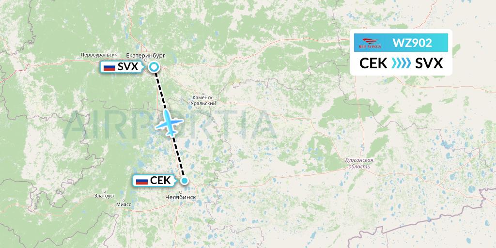 WZ902 Red Wings Flight Map: Chelyabinsk to Yekaterinburg
