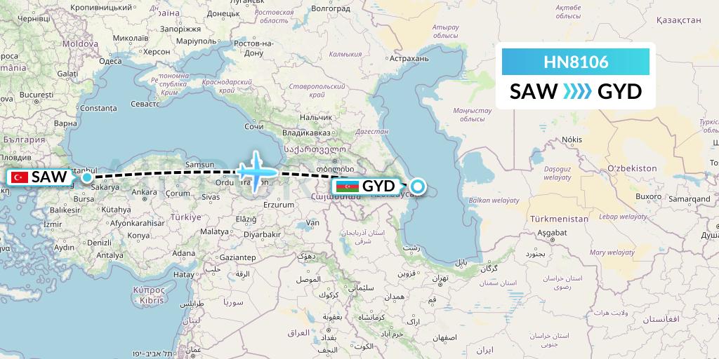 HN8106 Uab Heston Airlines Jsc Heston Airl Flight Map: Istanbul to Baku