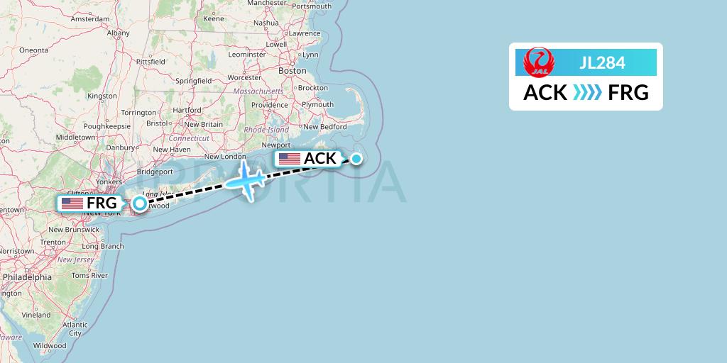 JL284 Japan Airlines Flight Map: Nantucket to Farmingdale