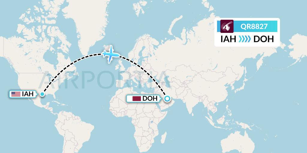 QR8827 Qatar Airways Flight Map: Houston to Doha