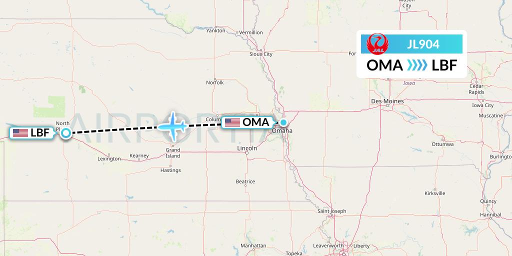 JL904 Japan Airlines Flight Map: Omaha to North Platte