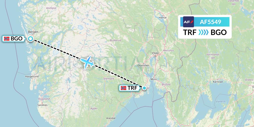AF5549 Air France Flight Map: Oslo to Bergen