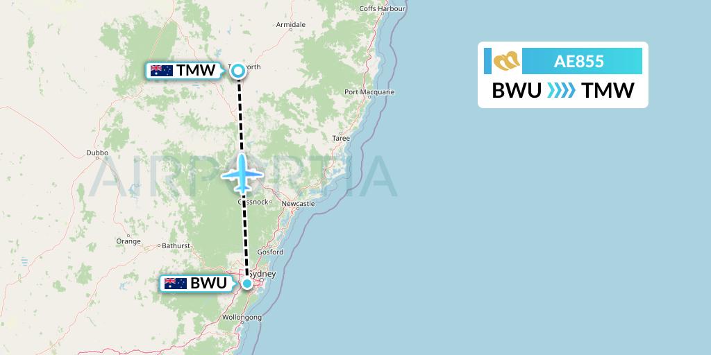 AE855 Mandarin Airlines Flight Map: Bankstown to Tamworth