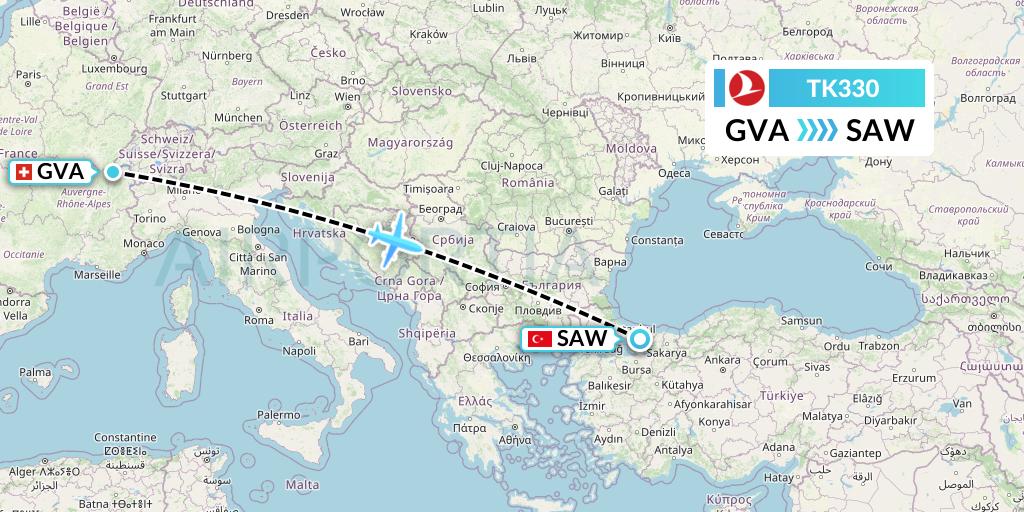 TK330 Turkish Airlines Flight Map: Geneva to Istanbul
