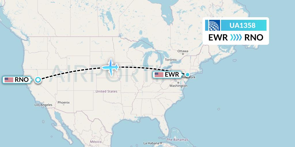 UA1358 United Airlines Flight Map: New York to Reno