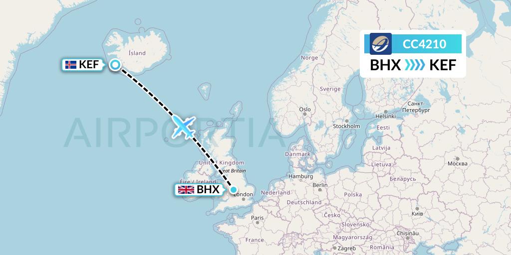CC4210 CM Airlines Flight Map: Birmingham to Reykjavik