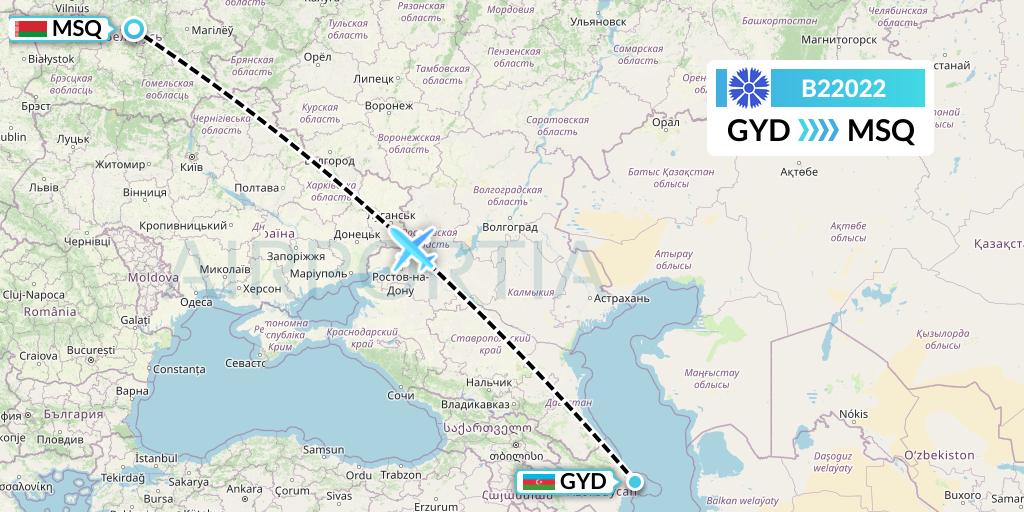 B22022 Belavia Flight Map: Baku to Minsk