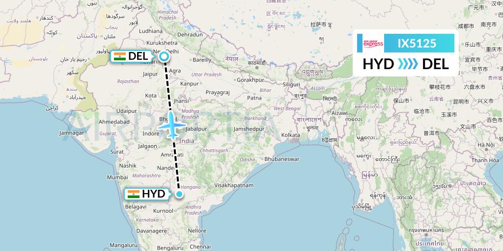 IX5125 Air India Express Flight Map: Hyderabad to Delhi