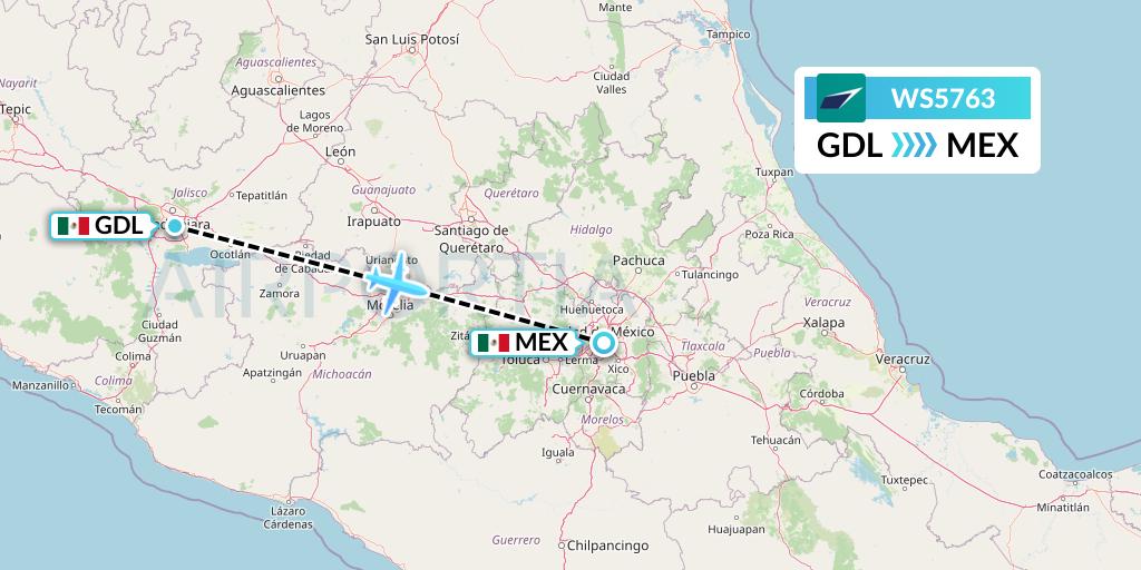 WS5763 WestJet Flight Map: Guadalajara to Mexico City