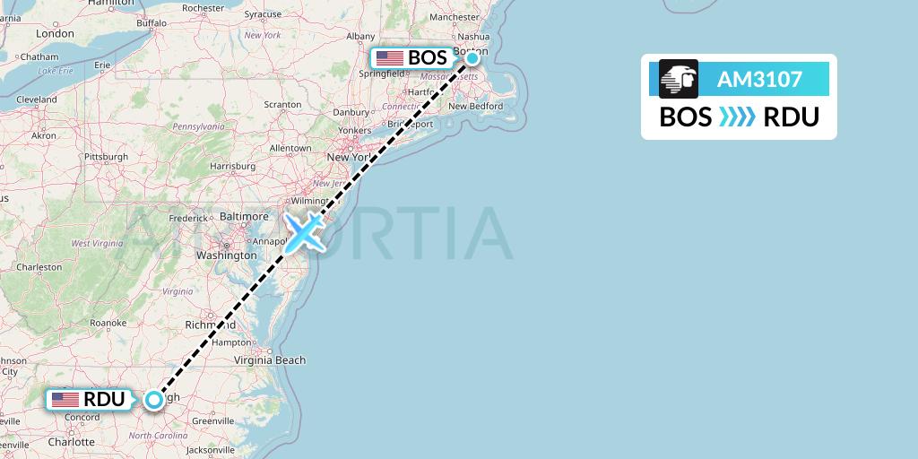 AM3107 Aeromexico Flight Map: Boston to Raleigh-Durham