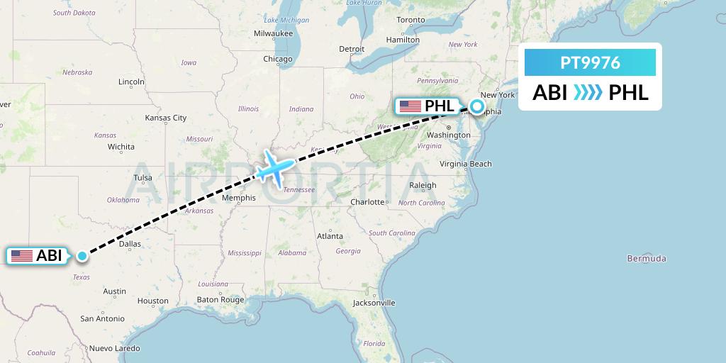 PT9976 Piedmont Airlines Flight Map: Abilene to Philadelphia
