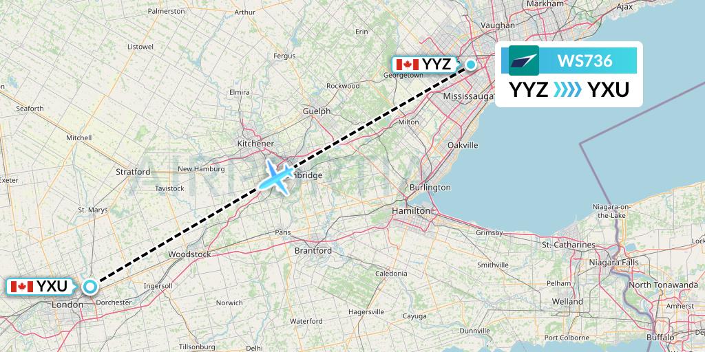WS736 WestJet Flight Map: Toronto to London
