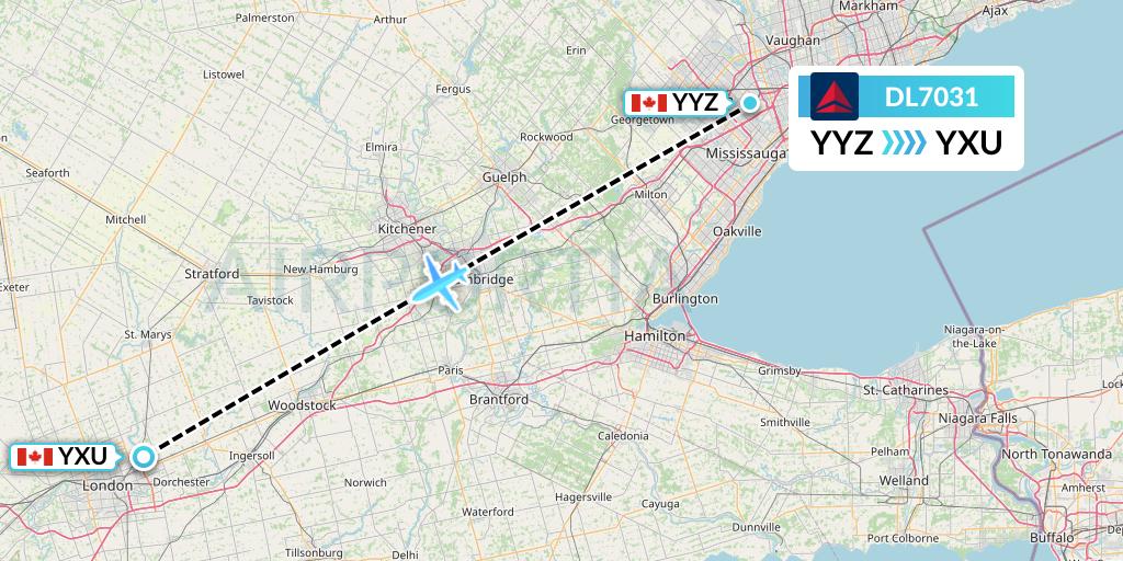 DL7031 Delta Air Lines Flight Map: Toronto to London