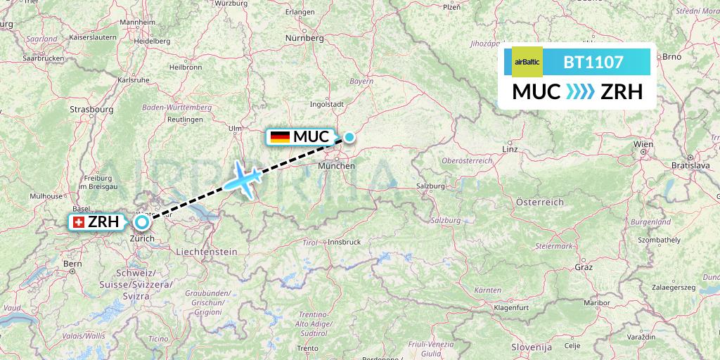 BT1107 Air Baltic Flight Map: Munich to Zurich