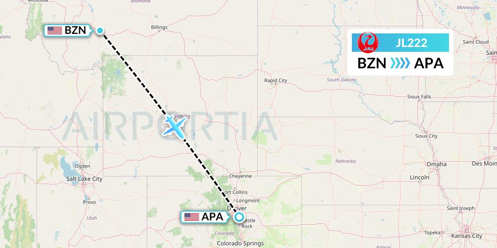JL222 Japan Airlines Flight Map: Bozeman to Denver