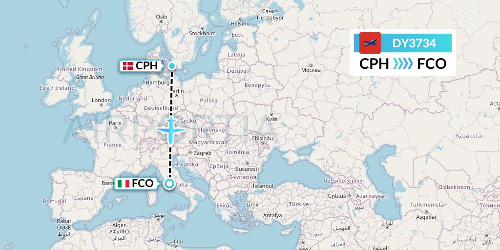 DY3734 Norwegian Flight Map: Copenhagen to Rome