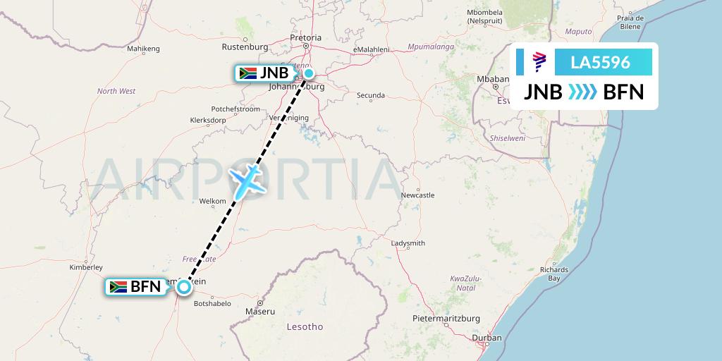 LA5596 LAN Airlines Flight Map: Johannesburg to Bloemfontein