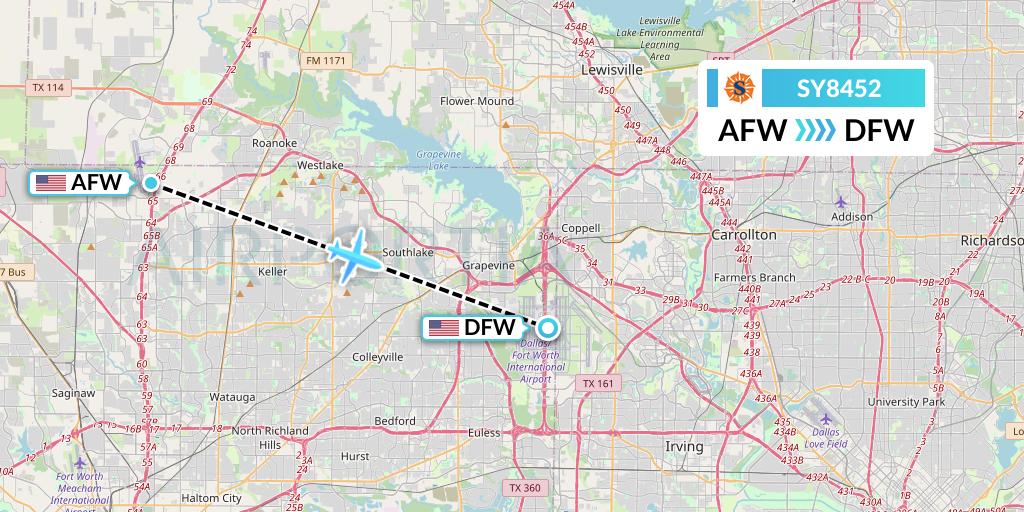SY8452 Sun Country Airlines Flight Map: Fort Worth to Dallas