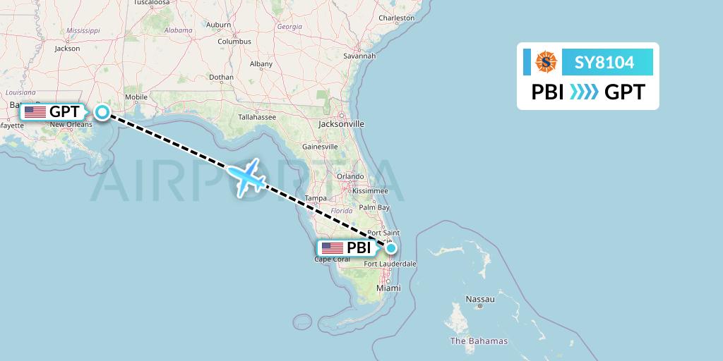 SY8104 Sun Country Airlines Flight Map: West Palm Beach to Gulfport