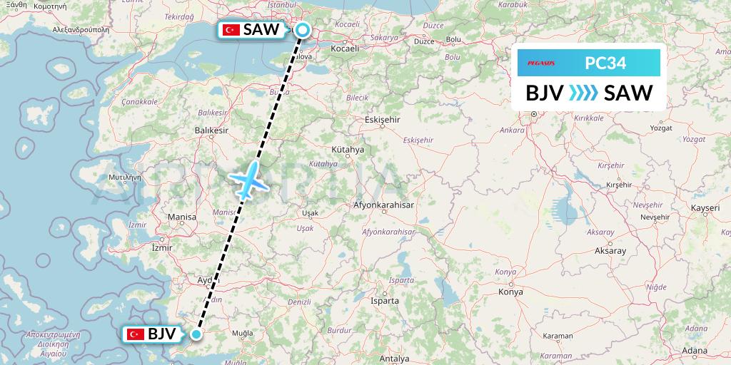 PC34 Pegasus Airlines Flight Map: Bodrum to Istanbul
