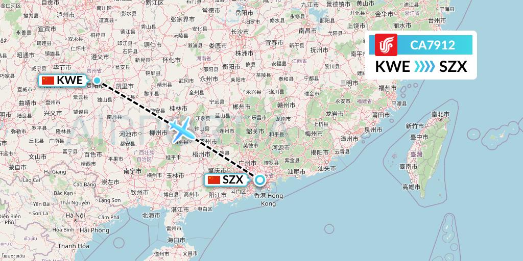 CA7912 Air China Flight Map: Guiyang to Shenzhen