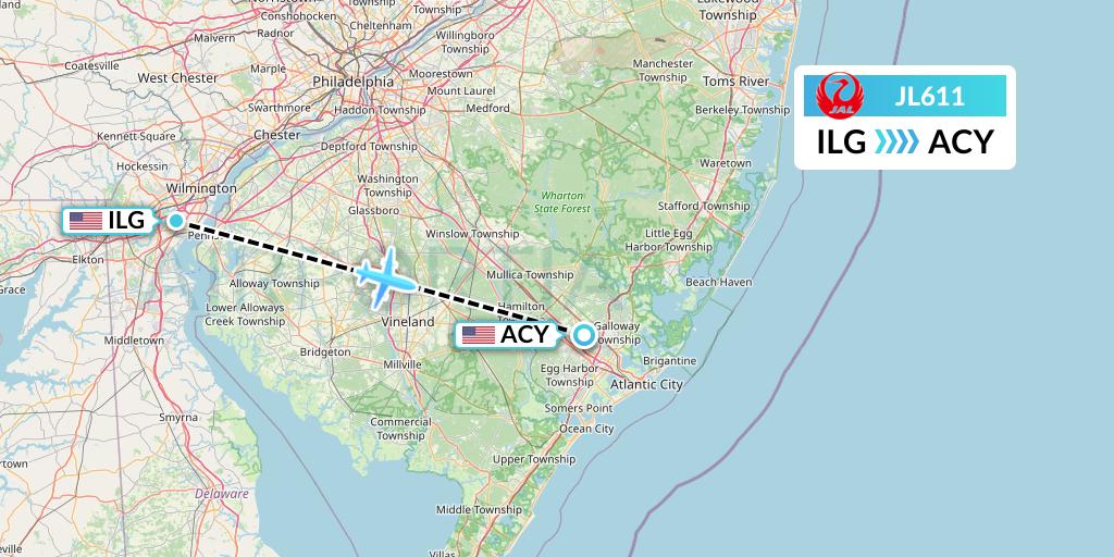 JL611 Japan Airlines Flight Map: Wilmington to Atlantic City