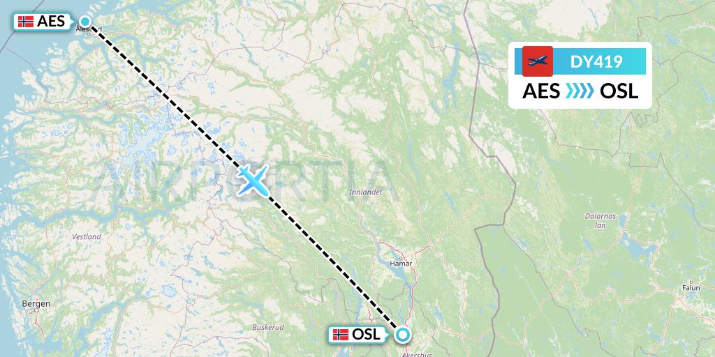 DY419 Norwegian Flight Map: Alesund to Oslo
