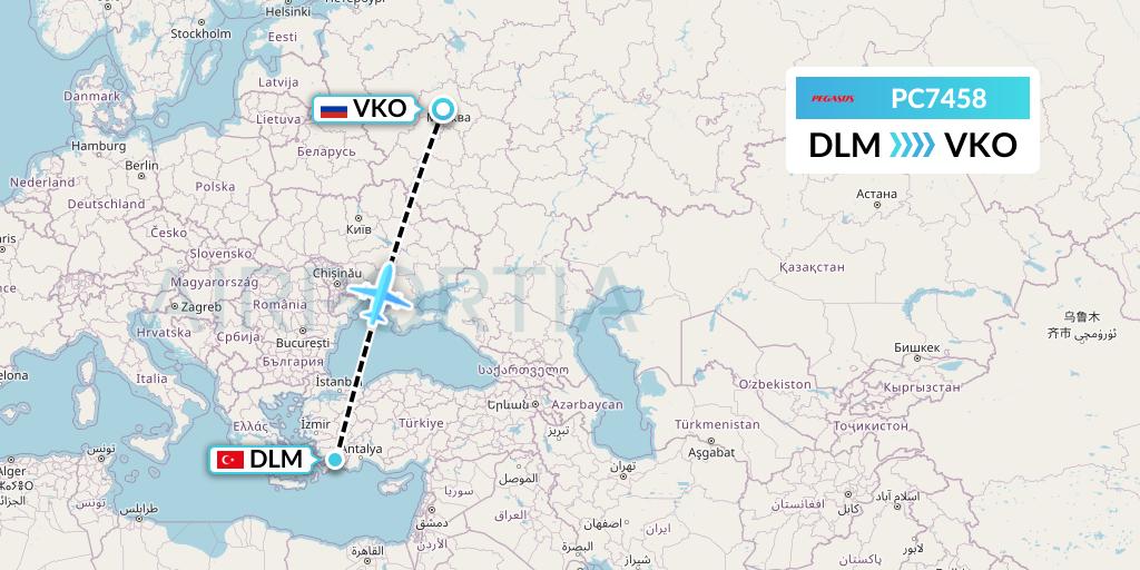 PC7458 Pegasus Airlines Flight Map: Dalaman to Moscow