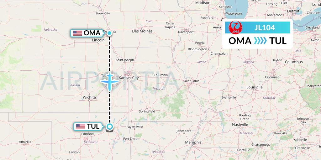 JL104 Japan Airlines Flight Map: Omaha to Tulsa