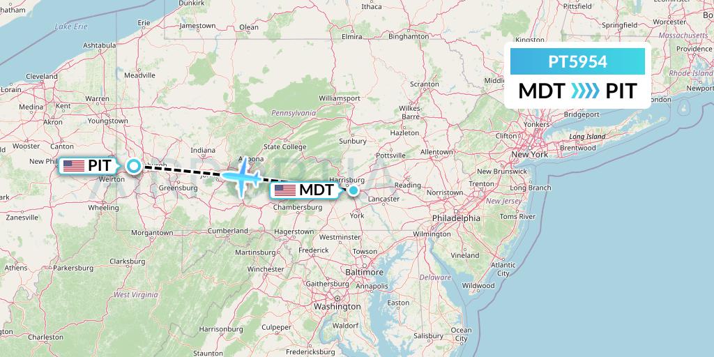 PT5954 Piedmont Airlines Flight Map: Harrisburg to Pittsburgh