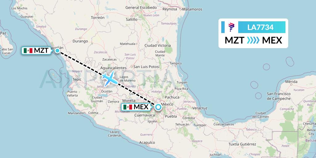 LA7734 LAN Airlines Flight Map: Mazatlan to Mexico City