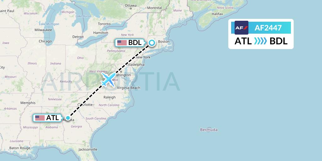 AF2447 Air France Flight Map: Atlanta to Windsor Locks